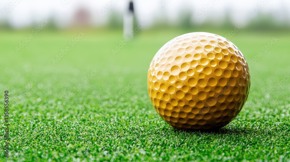 Naklejka premium A vibrant yellow golf ball rests on a lush green putting green ready for a perfect putt on a sunny day providing a stunning image for sports related projects.