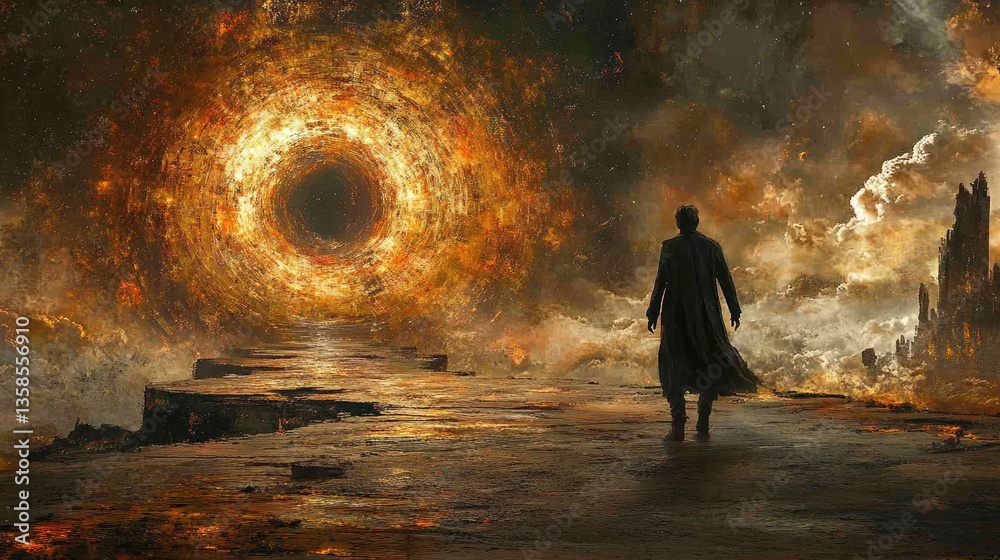 Fototapeta premium Man walks fiery portal, apocalyptic city backdrop; fantasy art