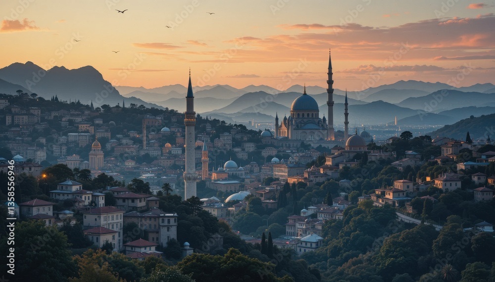 Fototapeta premium sunset over the city Eid Mubarak greeting card background