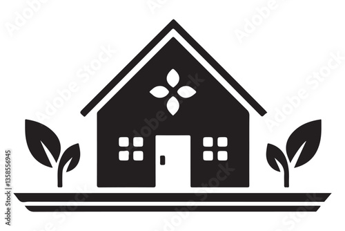 Simple home illustration with plants in silhouette vector design