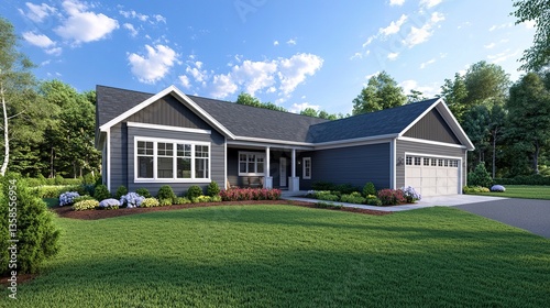 New construction Craftsman house in gray, rear elevation showcasing a landscaped yard, attached garage, and paved driveway, crisp and inviting tones under sunny skies.  