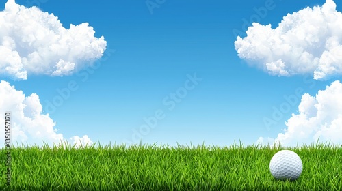 A pristine white golf ball rests on a lush green grass field under a vibrant blue sky with fluffy white clouds providing a tranquil and idyllic summer golf scene.
