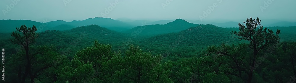 Fototapeta premium A panoramic photograph depicting rolling green hills and forested areas
