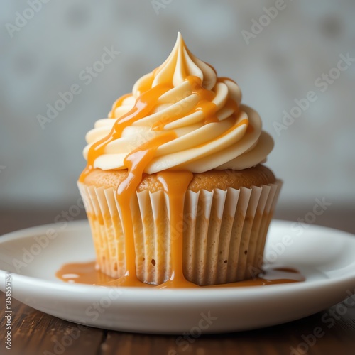 A delicious cupcake topped with creamy frosting and drizzled with sweet caramel sauce, perfect for dessert lovers.
