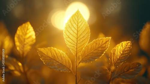 Golden leaves backlit by sunset, nature background, autumnal serenity, website design