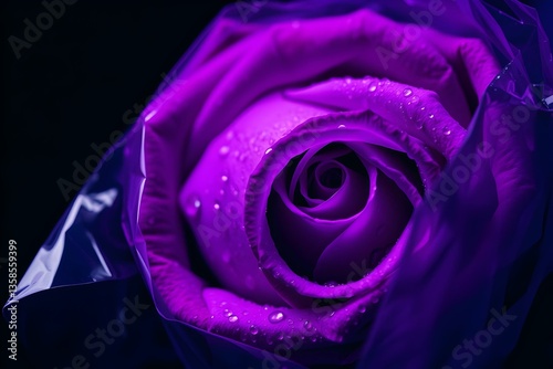 Deep ultraviolet hues, high contrast, vivid purples, zoomed-in detail of a rose wrapped in cellophane, water droplets on flower and cellophane, emphasizing freshness and vitality photo