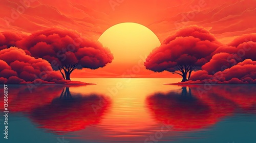 Sunset over calm lake, red trees reflected, peaceful scene, nature wallpaper