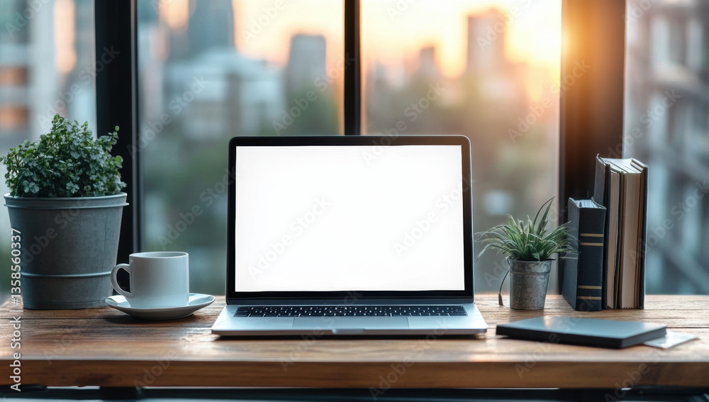 laptop with blank screen sits on wooden desk, surrounded by plants, coffee cup, and books, creating serene workspace with city view at sunset laptop with blank screen sits on wooden desk, surrounded by plants, coffee cup, and books, creating serene workspace with city view at sunset