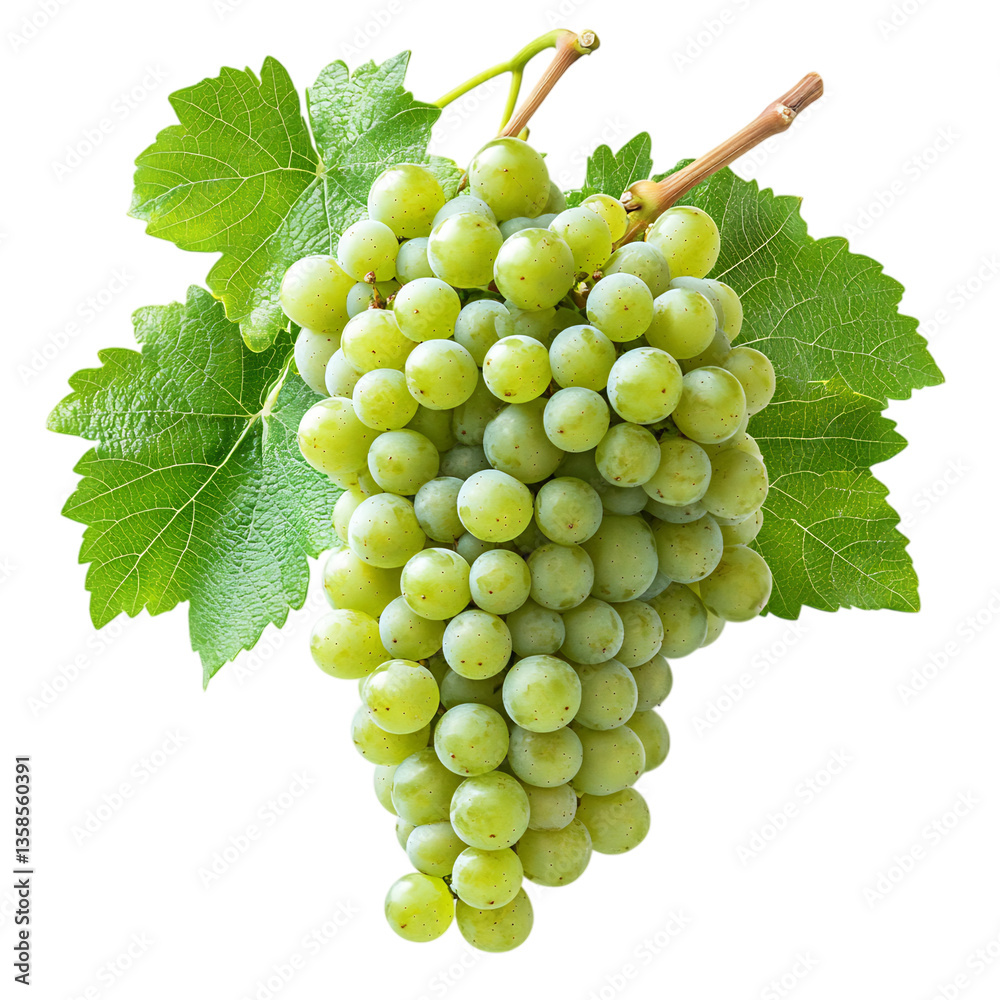 Obraz premium A Bunch of White Grapes with Green Leaves Isolated on Transparent Background