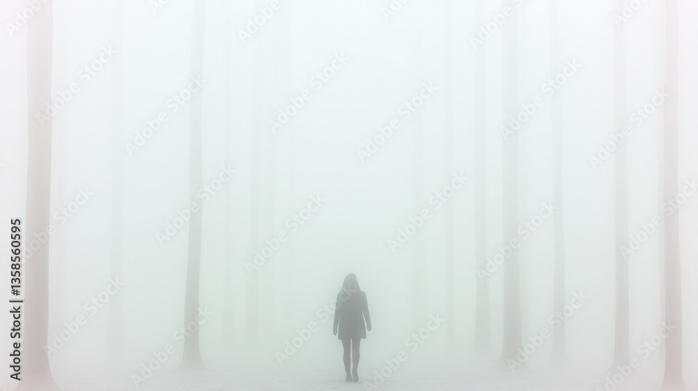 Obraz premium capture softly focused silhouette of person walking through foggy forest imparting ethereal dream-like quality with
