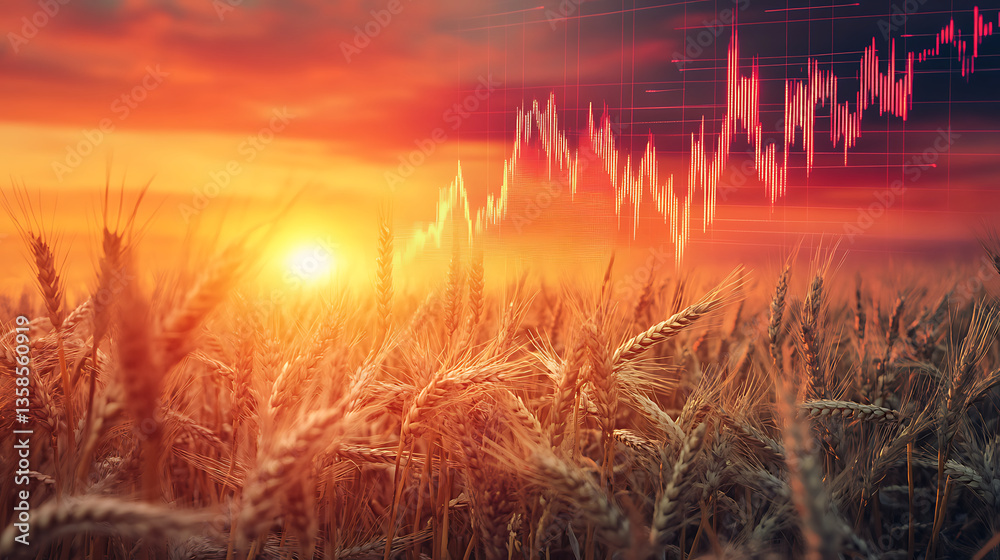 Fototapeta premium Dramatic Sunset Over Wheat Field with Declining Financial Chart Showing Market Crisis