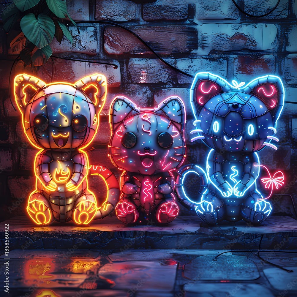 Fototapeta premium Neon Cat Trio: Three stylized neon cat sculptures glow brightly against a textured brick wall, creating a vibrant and modern urban scene with a touch of whimsy.