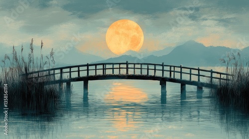 Serene moonlit lake bridge, misty mountains. Calm nature scene, ideal for peaceful mood