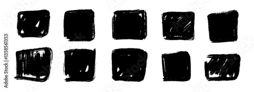 Dry paint square stain set. Black grunge ink frame box collection. Brush stroke rectangle element pack. Hand drawn charcoal blobs for poster design, banner, template, text box. Vector border bundle