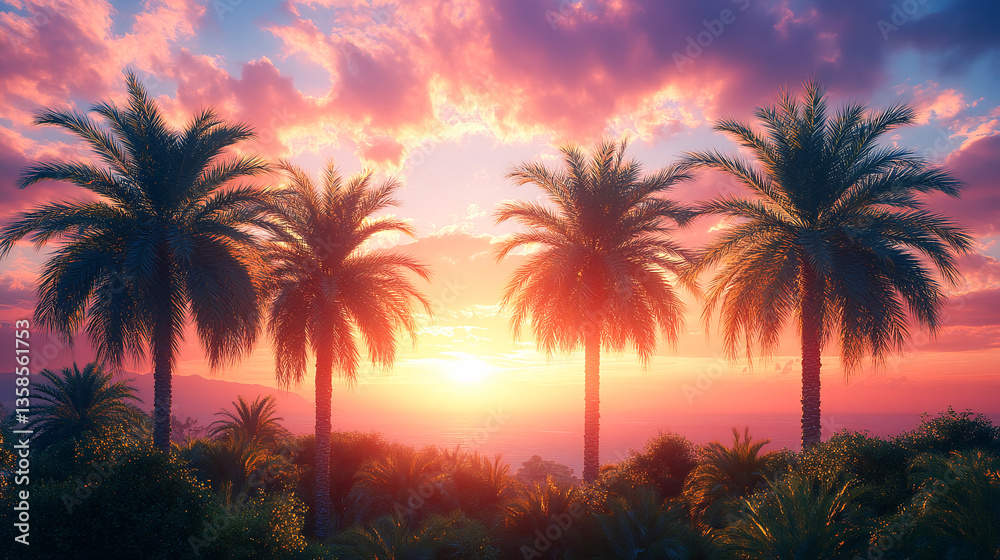 Obraz premium Palm trees at sunset, vintage California summer vibes