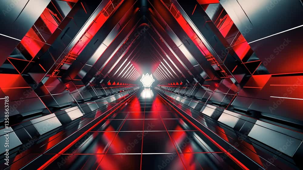Red tunnel of glowing dots. A futuristic, digital passage
