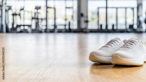 A close-up of a pair of sneakers on a wooden floor with a blurred gym in the background, offering an active lifestyle theme with blank margins for text,