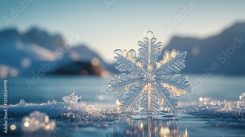 Crystal snowflake on icy lake, mountains background; winter holiday card