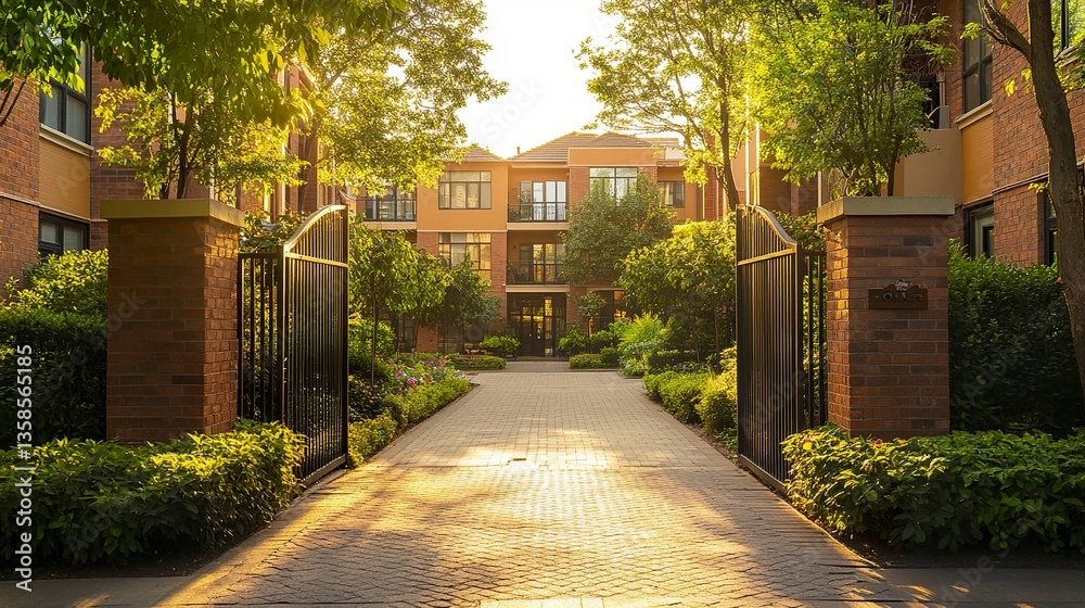 Obraz premium Stylish apartment building complex, gated entry surrounded by manicured plants, sunlight streaming through, sharp details, and clean lines. 