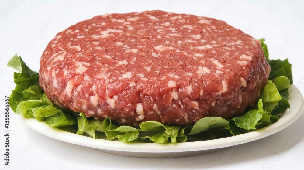Preparing fresh ground beef patty on crisp lettuce bed kitchen food photography bright culinary presentation Preparing fresh ground beef patty on crisp lettuce bed kitchen food photography bright culinary presentation