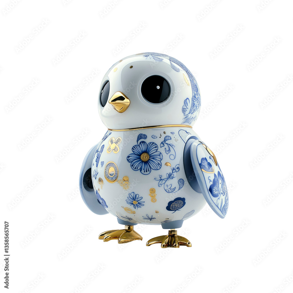 Fototapeta premium Porcelain Bird Figurine with Blue and Gold Floral Design