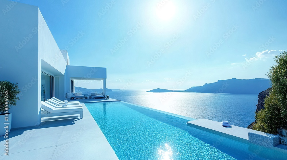 Fototapeta premium Stylish modern hotel by the sea, pristine white exterior, turquoise pool, and sunbeds on a spacious deck, sunny day with a clear horizon, vibrant tones. 