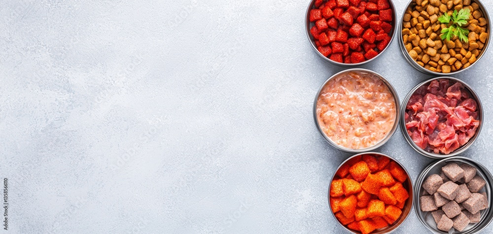 A detailed top-down view of open pet food cans, displaying different wet food textures, from creamy pate to chunky meat, for a visually appealing composition A detailed top-down view of open pet food cans, displaying different wet food textures, from creamy pate to chunky meat, for a visually appealing composition