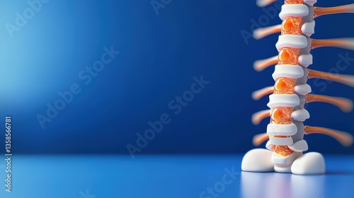 A detailed 3D anatomical model of the human spine showcases the vertebrae, intervertebral discs, and spinal nerves against a vibrant blue background ideal for medical education and