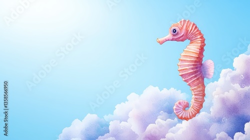 A whical illustration depicts a cute pink seahorse gracefully swimming above fluffy pastel clouds in a bright blue sky creating a dreamy and serene underwater fantasy scene.