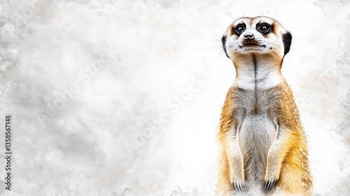A curious meerkat stands alert against a soft textured light gray background perfect for websites blogs and social media showcasing wildlife and nature photography.