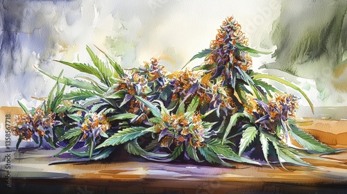 A vibrant watercolor painting showcases a lush abundance of cannabis buds artfully arranged on a rustic wooden surface bathed in soft light.