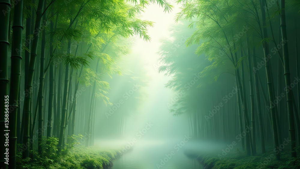 Naklejka premium Towering Bamboo Stalks in Morning Mist - Generative AI