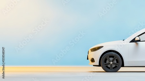 A sleek white modern car is showcased against a minimalist light blue background perfect for automotive advertising brochures and website banners.