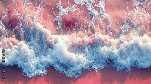 Pink beach waves aerial view; ocean texture background