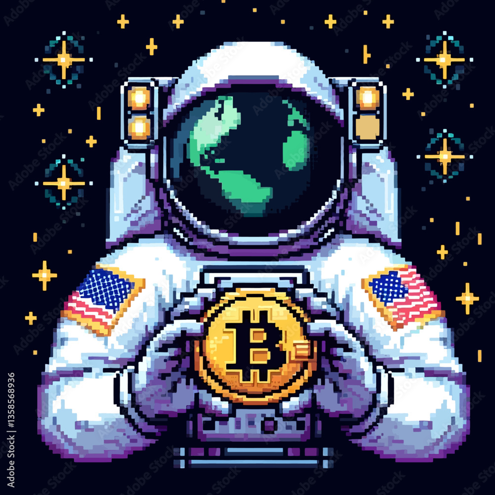Ilustração vibrante em estilo pixel NFT: um astronauta cripto em formato clipart vetorial premium com fundo branco, combinando temas de espaço, blockchain e arte digital.