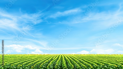 A vast field of vibrant green sunflowers stretches to the horizon under a brilliant blue sky filled with fluffy white clouds on a sunny day.