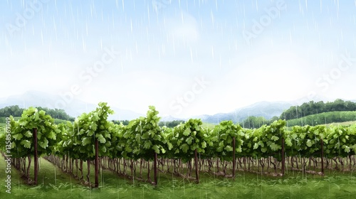 Lush green vineyard rows receive a refreshing rain shower under a partly sunny sky with distant mountains providing a scenic backdrop.