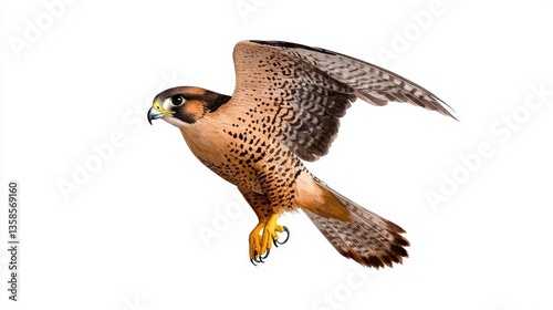 A majestic peregrine falcon in flight against a pure white background showcases its powerful wings and talons ready for the hunt.