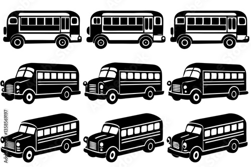 School Bus Silhouette Icon Set – Black Vector Collection of Classic and Modern Bus Designs for Transportation and Education Themes