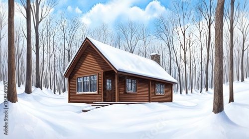 A charming rustic wooden cabin led in a snowy winter forest scene offers a peaceful and tranquil escape from the city.