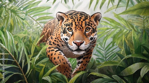 A majestic with intense gaze emerges from lush green tropical foliage in a vibrant jungle scene showcasing its powerful presence and beauty.