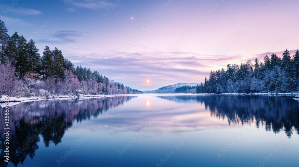 Fototapeta premium A glowing comet reflected in a calm lake surrounded by pine trees, offering a tranquil and magical setting with blank areas for text,