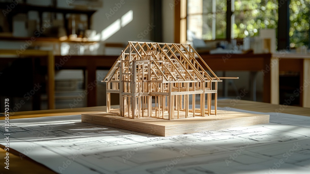Wooden model of a house frame on architectural blueprints, soft shadows adding depth, sharp and detailed perspective, and professional ambiance.