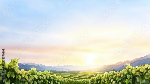 Serene vineyard landscape at sunrise with lush green vines and rolling hills under a vibrant pastel sky showcasing a picturesque wine region.