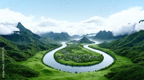 A serene aerial view showcases a meande river gracefully curving around a lush green valley led amidst majestic mountains under a bright blue sky with fluffy white clouds.