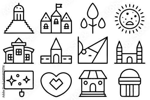 Monument and Building Line Icon Set – Black Outline Vector Collection of Landmarks, Nature, and Architecture Symbols