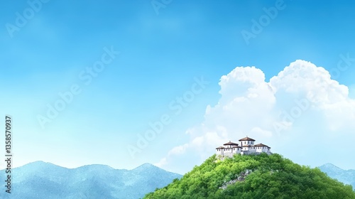 A picturesque mountaintop castle led amongst lush green foliage enjoys a vibrant blue sky and fluffy white clouds on a bright sunny day.