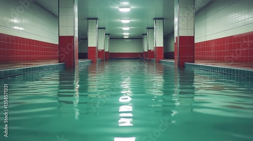Indoor pool, long corridor, teal water, red tiles, calm scene, spa use