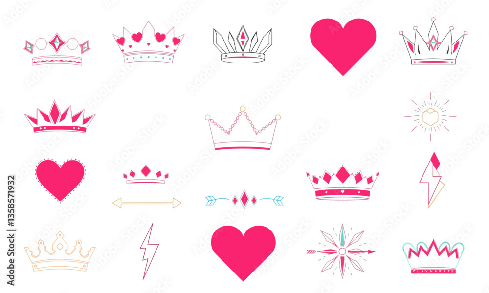 Crown icons and heart symbols various styles and colors create playful and vibrant collection. These elements can be used for design projects, celebrations, or themed events, adding touch of