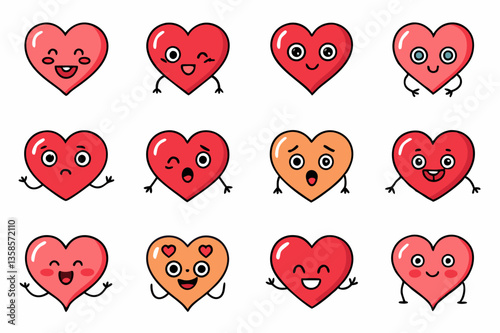 Cute Kawaii Heart Icon Set – Colorful Cartoon Love Emoticons with Happy Faces for Valentine’s, Stickers, and Romantic Designs

